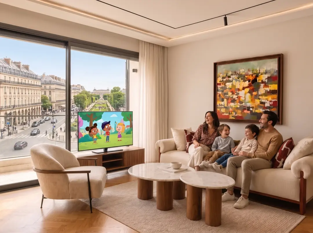 Une famille regarde la télévision . Page accueil site web https://atlaspro.tech/