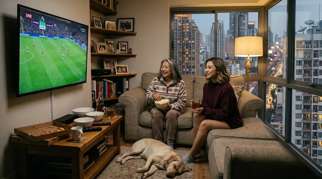 une famille regarde un match de football IPTV. Page intallation site web https://atlaspro.tech/
